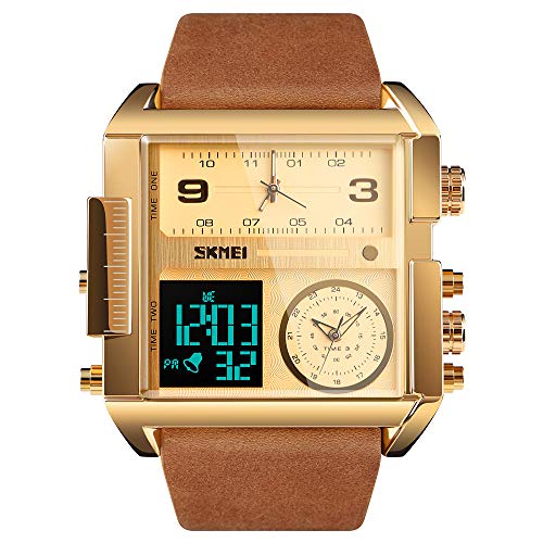 SKMEI Wrist Watch for Men, LED Square Large Face Analog Quartz Wrist Watch with Multi-Time Zone Waterproof Stopwatch