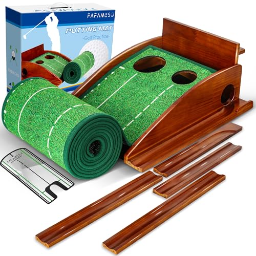FAFAMESO Golf Putting Mat with Ball Return, Indoor Putting Green Training Equipment for Home Office, Mini Golf Practice Aid, Portable Golf Training Mat for Men & Women