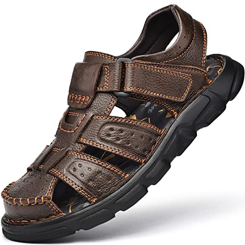 Feichi Men 's Sport Sandals Closed Toe Outdoor Handmade Leather Sandal Adjustable Summer Fisherman Beach Shoes Brown, 8