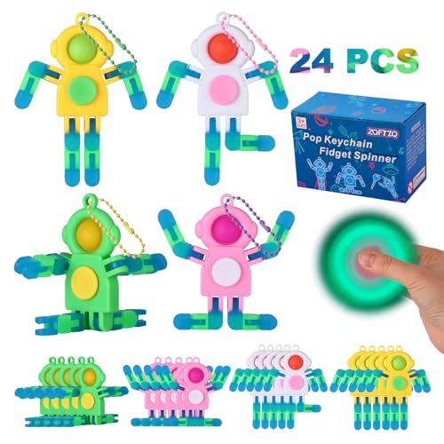 24Pcs Pop Fidget Spinners Bulk - Deformable Astronaut Fidget Spinner Keychain Robot Gyro Fidget Spinner for Kids Adults Glow in The Dark Sensory Toys Christmas Party Favors Classroom Prizes