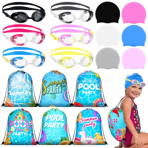 Coume 6 Set Swimming Caps for Kids Swimming Goggles and Silicone Swim Cap with Cartoon Swim Bag for Long and Short Hair Toddler Children Kids Boys Girls Teens