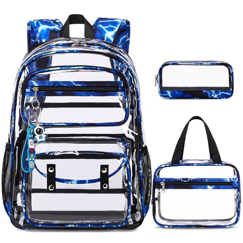 ACESAK Clear Backpack for Boys - 3 Pcs Clear Backpack Heavy Duty with Lunch Bag - See Through Backpack Clear Bookbag Stadium Approved for Kids Middle High College School Sport Travel (Lightning)