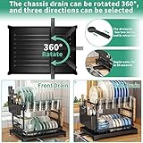 XLMYS Dish Drying Rack, 2 Tier Large Dish Drying Rack for Kitchen Counter with Drainboard Stainless Steel Dish Drainer for Dish/Knifes/Cup/Cutting Board, Black