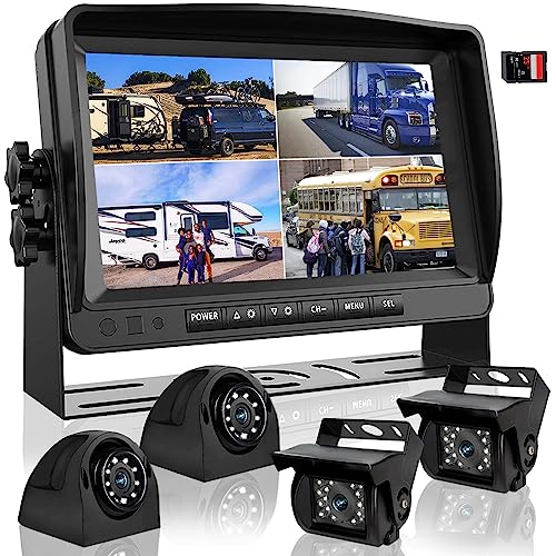 Backup Camera System with 9'' Quad Split 1080P Monitor for RV Trailer Semi Truck Camper Bus & 4 AHD Rear Side View Camera with DVR Record Function Night Vision IP69 Waterproof Avoid Blind Spot DOUXURY