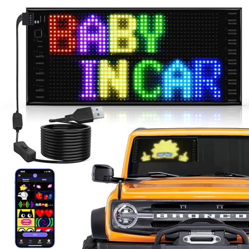 RAYHOME Full Color Double Row LED Light Sign for Car, 10.6''x4.7'' Scrolling LED Signs Flexible 5V/2A Bluetooth APP Control LED Car Sign Custom Text Message Pattern Programmable LED Display