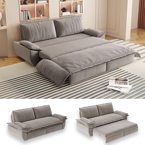 UPYOOE 70.1" Futon Sofa Bed Queen Size, Pull Out Bed, 3-in-1 Convertible Sleeper Sofa with 2 Soft Pillows, Modern Velvet Futon Couch for Living Room, Small Space, Apartment, Bedroom, Grey