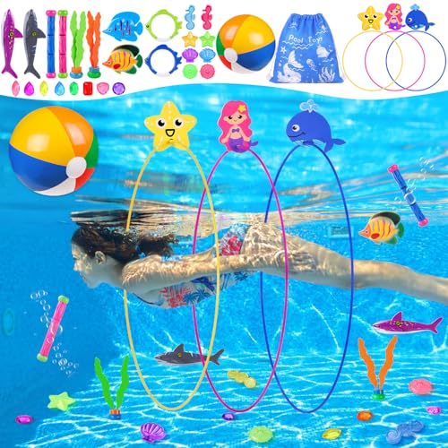 YUJUN 31 PCS Pool Diving Toys Big Rings Swim Thru Rings Pool Game Toys Summer Underwater Game with Pool Fishes Dive Sticks Gems Storage Bag Swim Birthday Party Favors for Kids Teens Adults