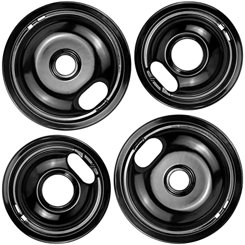 Stove Burner Drip Pans W10288051 Burner Covers-2 Packs 6” W10290353 Black Porcelain Burner Pans and 8" W10290350 Stove Top Covers for Electric Stove by Sikawai