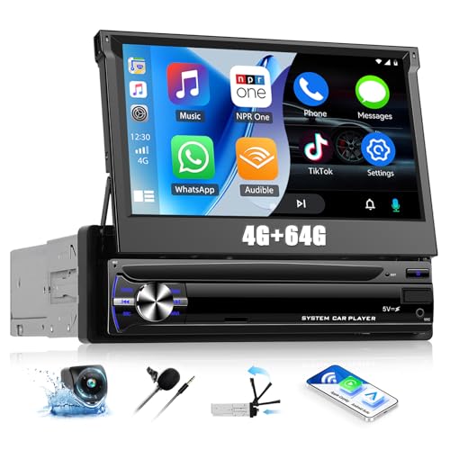 [4+64G] Android Single Din Touchscreen Car Stereo with Wireless Carplay&Android Auto,7 Inch Flip Out Car Radio with Mirror Link Bluetooth FM/RDS WiFi GPS EQ DSP SWC+AHD Backup Camera