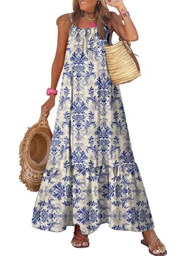 Dokotoo Womens Summer Dresses U Neck Spaghetti Strap Dresses Casual Boho Printed Hawaiian Dresses Ruffle A Line Maxi Dresses for Beach Vacation Large Sky Blue