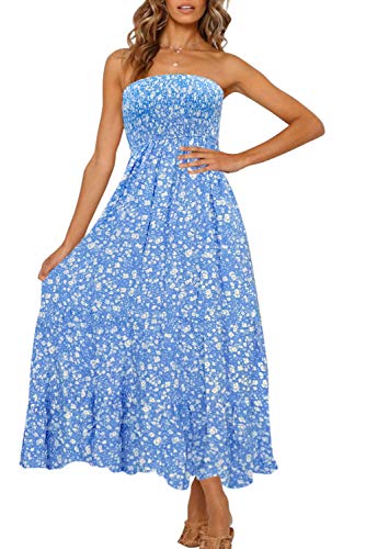 ZESICA Women's Summer Bohemian Floral Printed Strapless Beach Party Long Maxi Dress,Blue,Small
