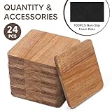 24PCS Wood Coasters Square Wooden Coasters for Drinks Coffee Table with Non-Slip Pad Acacia Cup Coasters for Coffee Home Kitchen 4 Inch Square