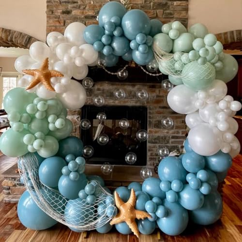 Under the Sea Balloon Arch - 139PCS Beach Themed Balloons Decoration White Macaron Green Deep Blue Balloon for Sea Summer Birthday Party Baby Shower (Blue)