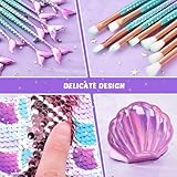 Mermaid Makeup Brush Sets with Cosmtic Bag - 13 PCS Beauty Makeup Tools Eye Shadow Eyeliner Concealer Foundation Blending Blush Brushes Compact Pocket Mirror Sequins Cosmetic Case Bag