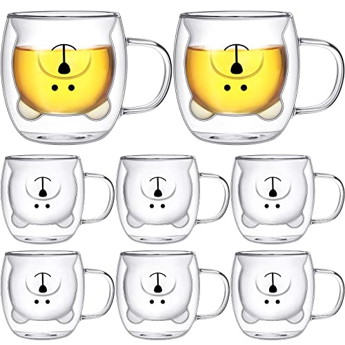 Eccliy 8 Pcs Cute Bear Mugs Bear Tea Cup 8.5 oz Double Wall Glass Honey Milk Coffee Mug with Handle Insulated Glass Espresso Cups Birthday Gift for Women Men Gift