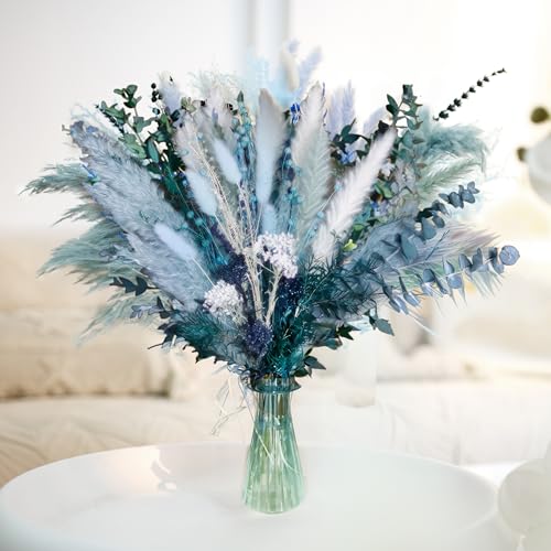 Mifgra Blue Pampas Grass, Pampas Grass Bouquet , Dried Flower Bouquet,Blue Dried Flowers, Pampas Grass Decor, Dried Blue Flowers Boho Decor Bouquet for Blue Bathroom Decor Home Decor