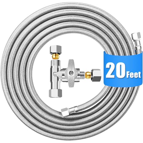 Fridge Water Line Kit - 20FT Premium Stainless Steel Braided Refrigerator Water Line with Tee Stop Valve,Foodgrade PEX Inner Tube Ice Maker Water Line with 1/4" Fittings for Refrigerator Ice Maker