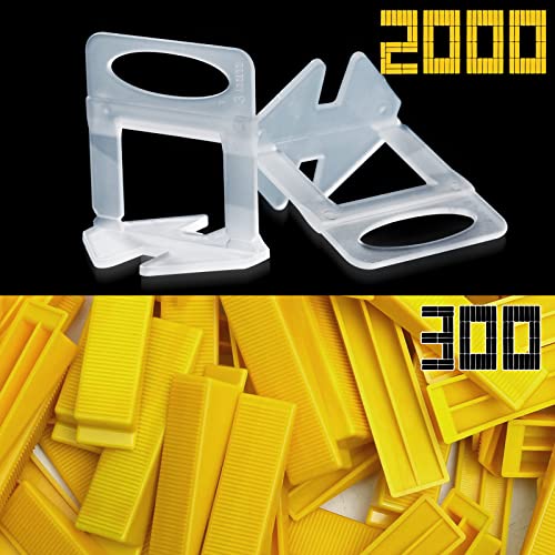 Tile Leveling System Clips 1/8" 2000 Piece Tile Spacers Clips and 300 Piece Reusable Yellow Wedges for Tiles. Tile Tools Set for Professional Ceramic and Stone Installation