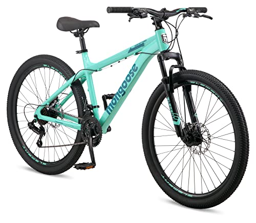 Mongoose Grafton Mountain Bike, 26 Inch Bike for Men and Women, 21 Speed, Aluminum Frame, Knobby Mountain Tires, Suspension Fork, Trigger Shifters, Mechanical Disc Brakes, Adult Bicycle