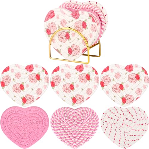 6 Pcs Flower Coasters with Holder Heart Coaster Set of 4.1 × 4.9 inch,Cotton Cup Mat Absorbent Coasters for Drinks Home Decor Tabletop Housewarming Gifts (Rose)