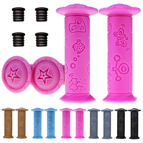 Kids Bike Grips 4PCS - Eco-Friendly TPE Handlebar Grips for Children's Bikes/Tricycles/Balance Bikes, Non-Slip Cartoon Design, 4.11" Short Grips (Ages 2-9) Pink