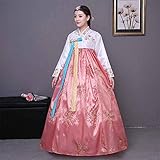 Female Korean Traditional Long Sleeve Classic Hanboks Dress Cosplay Costume Women Palace Korea Wedding Dance Costume, Light Pink, Small