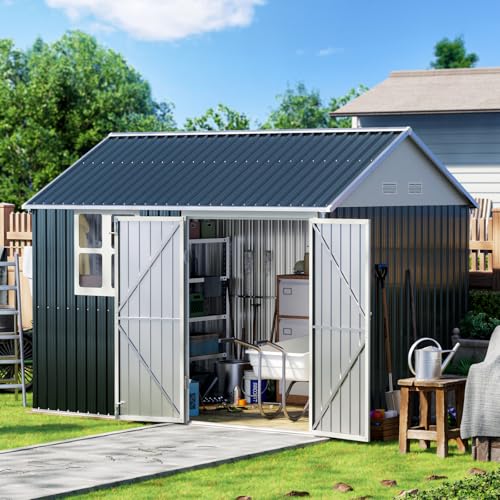 MistMo 10X8FT Outdoor Steel Storage Shed with Lockable Doors, One Window,Ideal for Garden, Backyard, Patio Storage