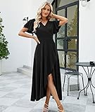 ZZV Wedding Guest Dresses for Women 2024 Gowns Evening Party Cocktail Dress,Long Split Elegant V Neck Wrap Ruffle Wedding Guest Dresses Black-XL