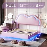 Jocisland LED Full Bed Frame for Girls Upholstered Floating Bed with Cute Cloud Headboard, No Box Spring Needed, Leather, Pink