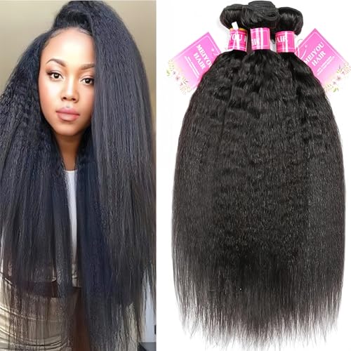 Mei You 12A Kinky Straight Hair 3 Bundles Yaki Human Hair Weave Unprocessed Brazilian Virgin Remy Sew in Hair Extensions Natural Black (14 16 18)