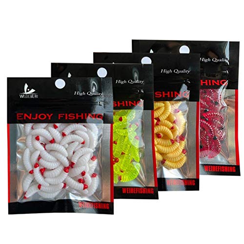 50PCS 2.4cm Maggot Grub Soft Lure Baits Worms Fishing Lures, Fishing Gears for Bass Trout Salmon Attractants Frogs, Fishing Accessories, Gifts for Men Fishermen (4 Colors/Bags)