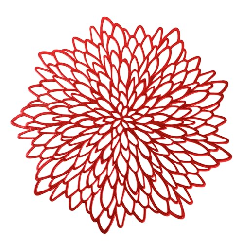 Snowkingdom 12 Pack Red Placemats Metallic Shiny Pressed Vinyl Dining Mats Round Leaf Floral Table Decoration for Mother's Day Christmas Valentine's Day Weddings Holiday Celebrations