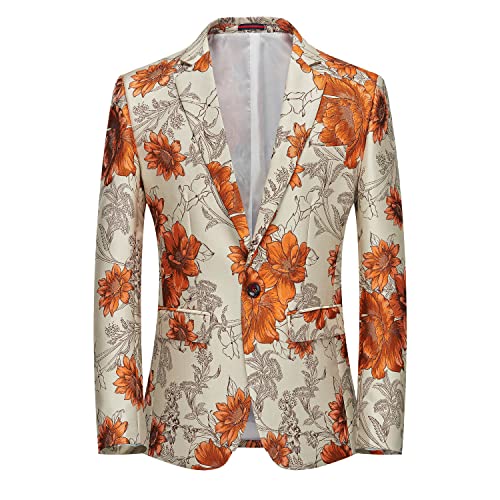 UNINUKOO Mens Blazer Floral Suit Jacket Notched Lapel Tuxedo Luxury Paisley Prom Dinner Blazer for Men US Size 30 Orange