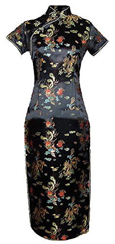 7Fairy Women's VTG Black Long Chinese Evening Prom Dress Cheongsam Size 16 US