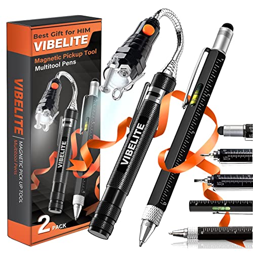 Magnetic Pickup Tool and 6 in 1 Multitool Pen with Touch Screen Stylus, Rulers, Bubble Level, Flathead, Phillips Screwdriver, Ballpoint Pen, Valentines Day Gifts for Men, Husband, Boyfriend, 2 Pack