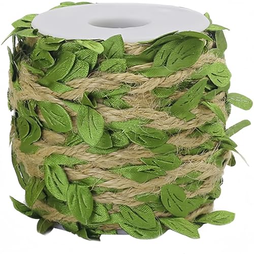 Burlap Leaf Ribbon, Ariskey 164Feet/50Meters Natural Jute Twine with Green Leaves for Wedding Packing and Garden Decoration Twine