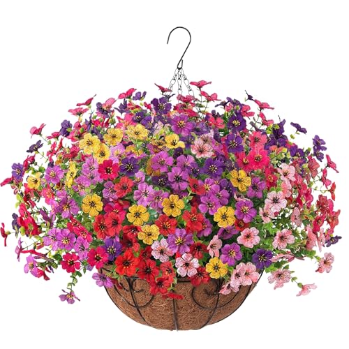 Artificial Fake Hanging Plants Flowers with Basket Outdoor Decor Faux Silk Dasiy Flower Arrangements in Pot Planter for Porch Home Indoor Patio Garden Yard Decoration