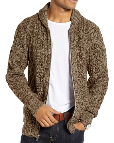 Ryannology Mens Shawl Neck Cardigan Sweater Cable Knit Zip Up Winter Casual Sweaters with Pockets Brown