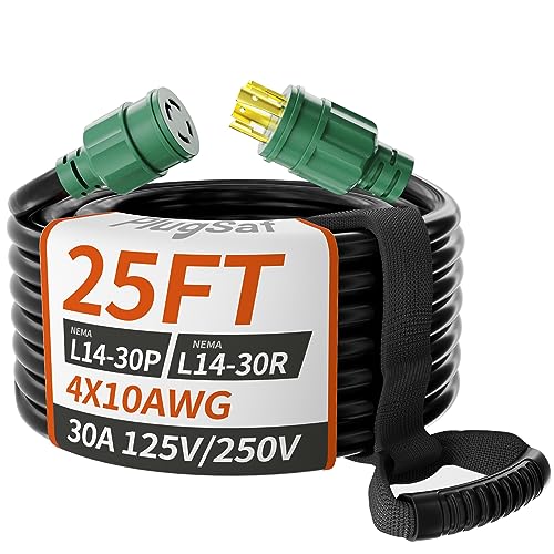 PlugSaf 25FT 30 Amp Generator Extension Cord 4 Prong, NEMA L14-30P/L14-30R 10 Gauge STW 125/250V Twist Lock Generator Cord Heavy Duty, Black ETL Listed