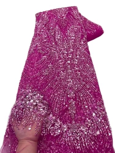 French Tulle Net Sequins Lace African Beaded Fabric 5 Yards for Nigeria Wedding Party Dress (5 Yards,Rose red)