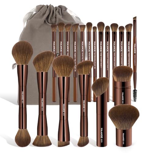 MAANGE 20 PCS Foundation Makeup Brush Set, Double-ended Kabuki Brush Contour Brush for Liquid Powder Concealer Cream Cosmetics Blending Blush Buffing Face Makeup Tools (Brown)