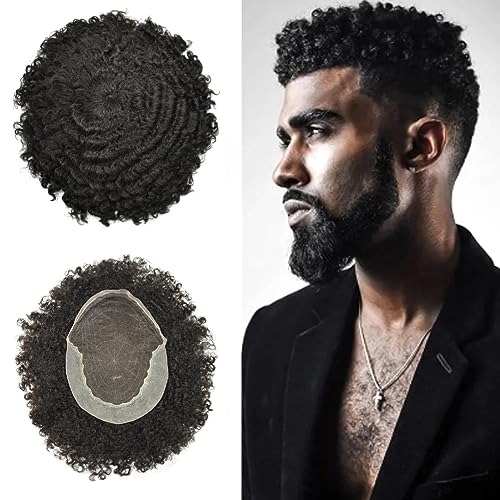 Afro Curly Toupee for Black Men Brazilian Human Hair Replacement System French Lace Front Natural Hairline Mens Toupee Afro Wigs For African American Men Hair Units #1B Off Black 12mm