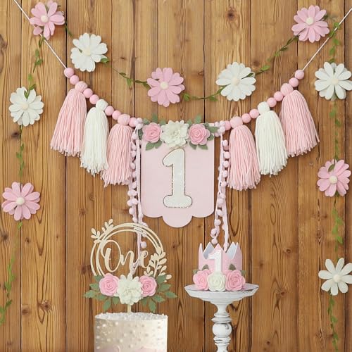 DCJHFJ Wildflower First High Chair Banner Birthday Decorations For Girl One Flower Cake Topper Floral Hat 1st Birthday Decoration Supplies