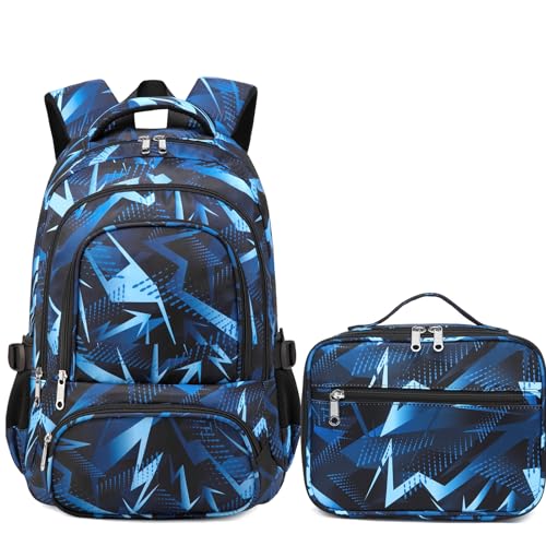 BLUEFAIRY Boys Backpack with Lunch Box Set for Kids Primary Elementary School Bags with Insulated Lunch Bags Back to School Bookbags Gifts for Son Grandson Aegean Blue
