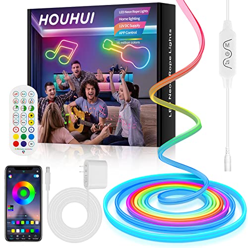 HOUHUI Neon Rope Lights,16.4Ft RGB+IC Color Chasing LED Neon Rope Light with Remote & App Control, Music Sync DIY Design LED Strip Lights Kit IP67 Waterproof for Bedroom Gaming Room Kids Wall Decor