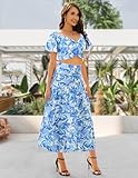 DRESSTELLS Women's 2 Piece Skirts Set, Floral Outfit Suit 2025, Smocked Top & Long Skirt, Casual Spring Going Out Dresses Blue Floral L