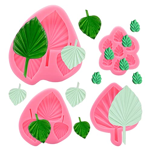 MEMOVAN Fan Leaf Fondant Mold Palm Leaf Silicone Mold 4pcs 3D Fondant Fan Palm Boho Leaf Flower Shape Gummy Chocolate Molds Leaves Cake Mold Hawaiian Tropical Leaf Candy Clay Mold