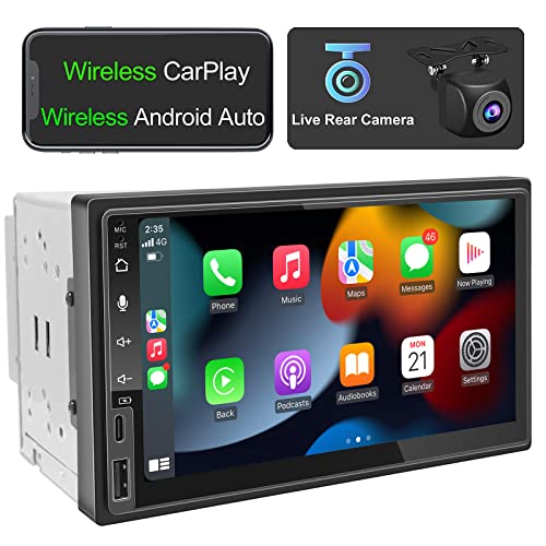 IYING 7 Inch Car Radio Wireless CarPlay Wireless Android Auto Universal Double Din Car Stereo with Live Rear-View Backup Camera AirPlay Bluetooth AM/FM Radio in-Dash Car Stereo Receiver Car MP5 Player