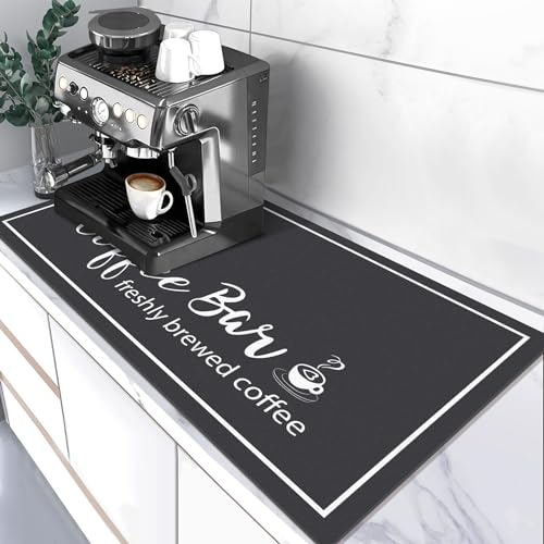 Findosom Dish Drying Mat, 17"x32" Absorbent Coffee Bar Mat for Countertops, Coffee Bar Accessories with Coffee Cup Pattern for Kitchen Counter Coffee Maker Coffee Pot Dining Room Decoration