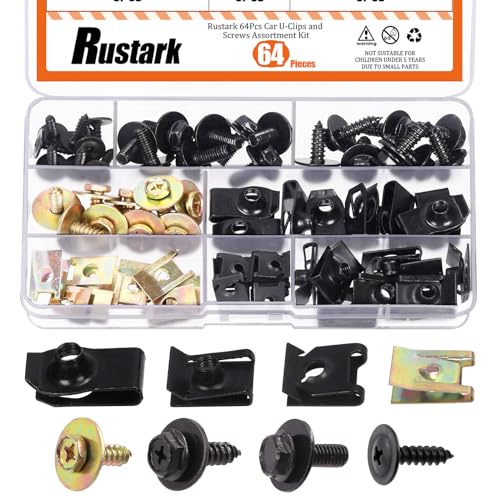 Rustark 64Pcs Auto Car U Clip U Nut and Body Bolts Screw Assortment Kit Body Bolt and Clip Kit Bumper Cover Fender Screw u Nut Fasteners for Universal Car